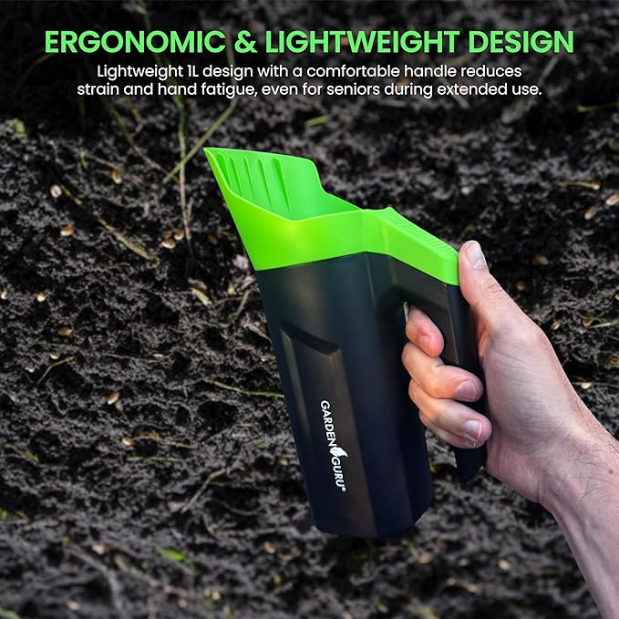 Garden Guru Handheld Seed Spreader Shaker – Multi Use Grass Seed, Fertilizer, Ice & Snow Melt Spreader – Adjustable Twist Cap w Multiple Size Openings – Lightweight 1L Capacity Hand Seeder (4 Pack)