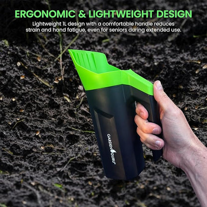 Garden Guru Handheld Seed Spreader Shaker – Multi Use Grass Seed, Fertilizer, Ice & Snow Melt Spreader – Adjustable Twist Cap w Multiple Size Openings – Lightweight 1L Capacity Hand Seeder (2 Pack)