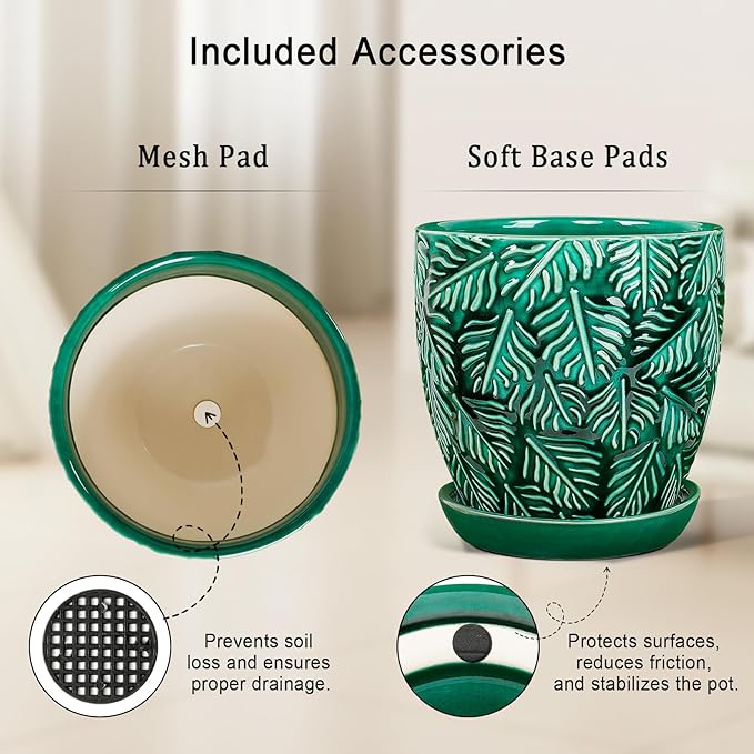 Ceramic Plant Pots, 6 Inch Indoor Plant pots with Drainage Hole and Saucer, Flower Pots, Leaf Embossed - Green Glaze, Set of 2