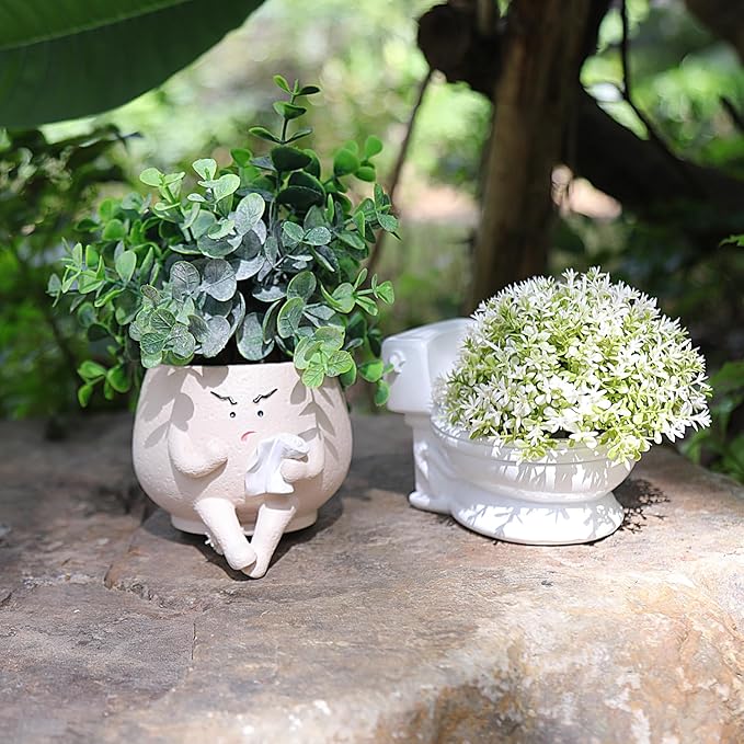 Cute Face Self Watering Planter Pot with Drainage Hole Funny Toilet Plant Pot for Indoor Outdoor Unique Head Planters for Bathroom Gift Ideas for Mother, Christmas