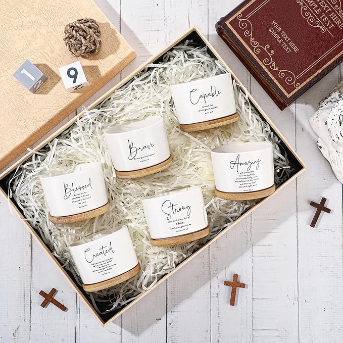 Sieral 10pcs Bible Verse Succulent Pots 3 x 3 x 2 Inch Mini Ceramic Succulent Planters with Bamboo Tray Small Plant Pots Christian Gift for Church Women Men Pastor, Plants Not Included (Fresh)