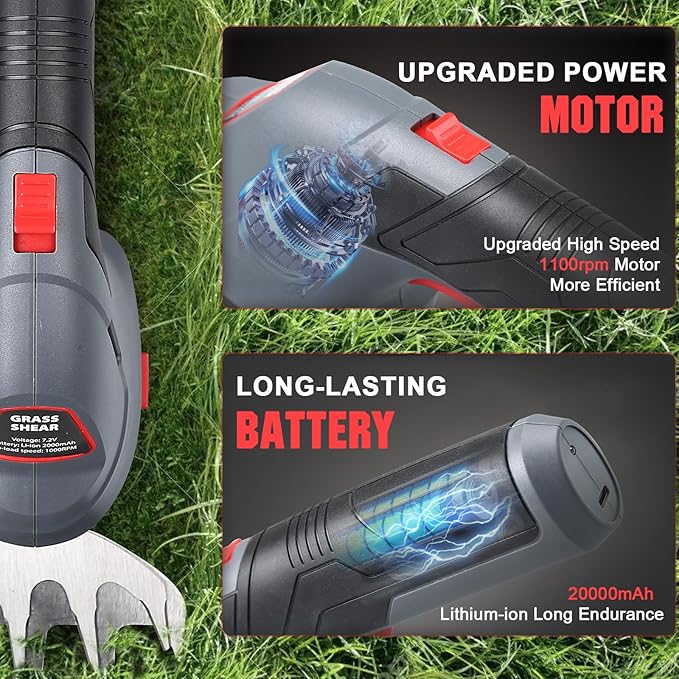 Cordless Grass Shear & Hedge Trimmer, 2 in 1 Handheld Bush Trimmer, 7.2V Electric Shrub Trimmer/Grass Cutter with Type-C Cable and Rechargeable Lithium-Ion Battery