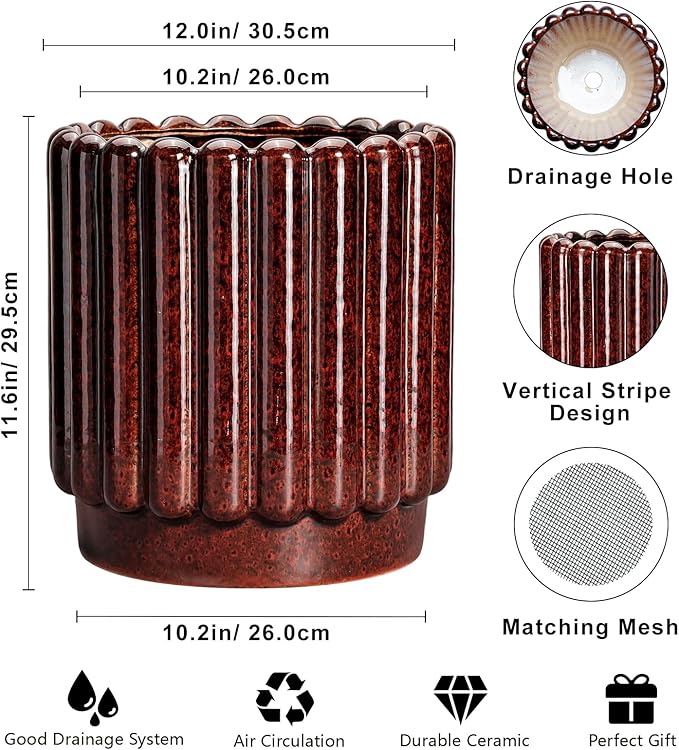 12 Inch Pots for Plants - Ceramic Planters for Indoor Plants, Large Plant Pots with Drainage Hole, Round Fluted Planter, Ceramic Flower Pot Outdoor, Room Decor, Gifts for Women Men, Red