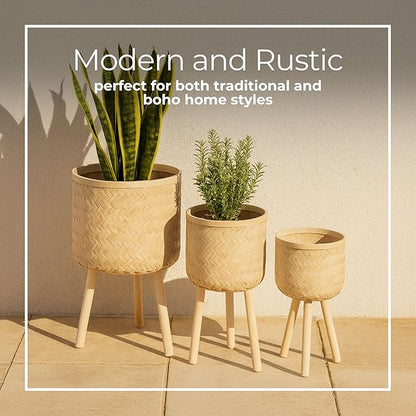 Set of 3 Decorative Planter Pots with Wooden Legs – Bamboo & Pine – Indoor & Outdoor Modern Plant Pot – Decorative Pots for Plants & Home Decor Planters – 22", 26", 30", White