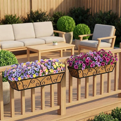 4pcs 24 Inch Window Deck with Coco Liner, 24" Window Boxes Horse Trough with Coconut Coir Liner, Metal Hanging Flower Planter Window Basket Deck Railing Planter Boxes for Outdoor Indoor Lawn