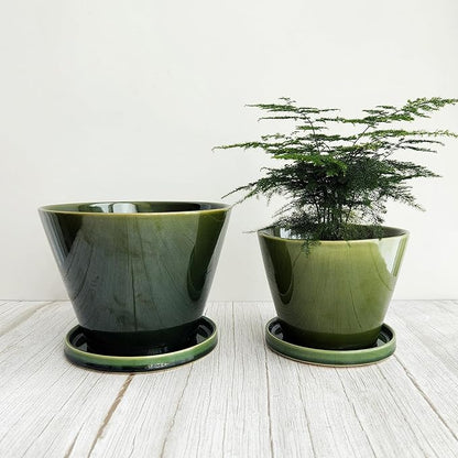 Glazed Gradient Color Ceramic Planter with Drainage Hole & Saucer for Indoor Tropical Plants, Green Reactive Glaze Plant Pot (Emerald Green, 6")
