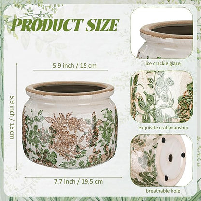 7.7" Large Ceramic Plant Pot Pink Green Vintage Hibiscus Crackle Glaze Rustic Flowers Pot Decorative Planter with Drainage for Indoor Outdoor Plants Home Kitchen Office Decor Gift