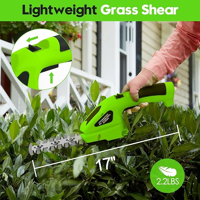 Cordless Hedge Trimmer 2000mAh, 7.2V Handheld Hedge Clippers Electric Shrubbery Trimmer, 2 in-1 Grass Clippers Trimmer Grass Cutter, Rechargeable Battery and Charger for Garden, Lawn