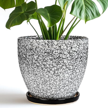 Ceraimc Plant Pot - 8 Inch Planter with Drainage and Saucer, Modern Round Planter, Flower Pot for Indoor Outdoor Plants, Home Room Garden Apartment Decor, Gifts for Plant Lovers, White-Black