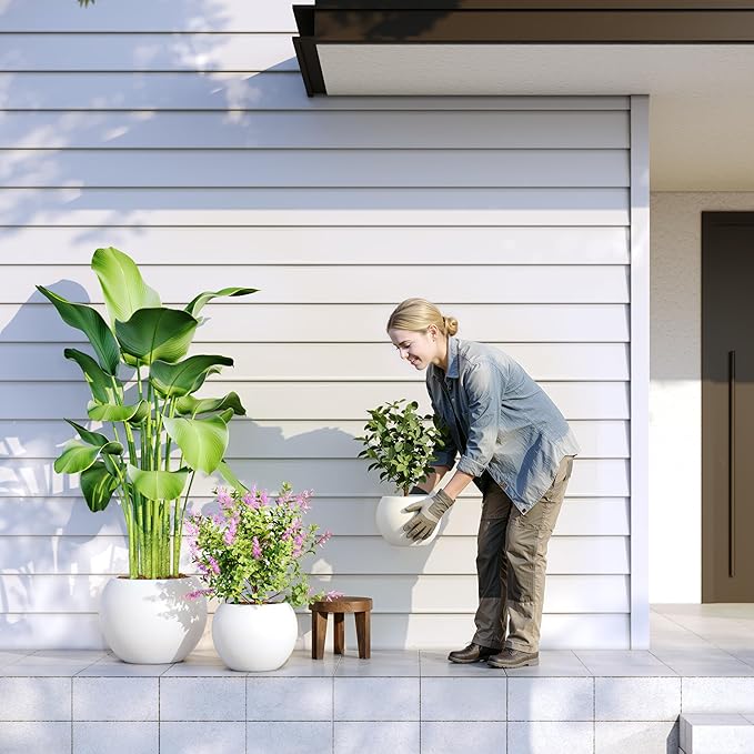 DTY Mount Sherman 21.1'' D x 16.7'' H (Pot Opening 14.6") Fiberstone Round Planter with Drainage Hole, Smooth Finishes, Weather Resistant for Indoor and Outdoor, 2 Extra Coco Mats - White, Large