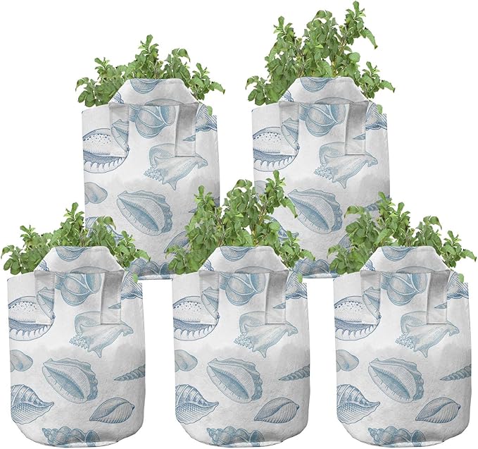 Lunarable Nautical Grow Bags 5-Pack, Soft Toned Marine Animals, Heavyduty Fabric Pots with Handles for Plants, Blue White