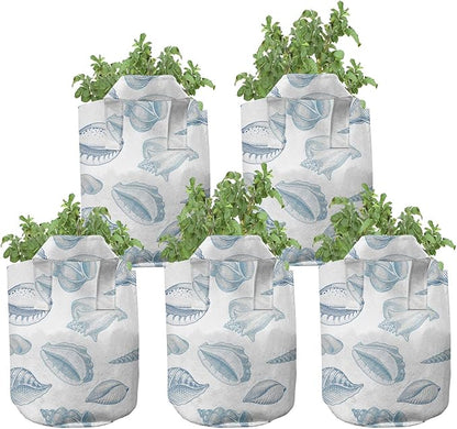 Lunarable Nautical Grow Bags 5-Pack, Soft Toned Marine Animals, Heavyduty Fabric Pots with Handles for Plants, Blue White