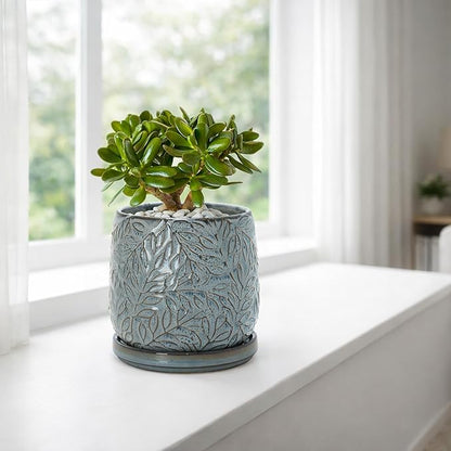 D'vine Dev 5 Inch Embossed Leaves Stoneware Planter Pot with Drainage Hole and Saucer, Graphite Blue, 27-A-V-9