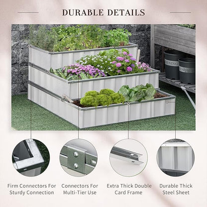 Outsunny 3 Tier Raised Garden Bed Outdoor Metal Patio Planter Box with Gloves, 4' x 4' x 2' for Backyard, Patio to Grow Vegetables, Herbs, and Flowers, White