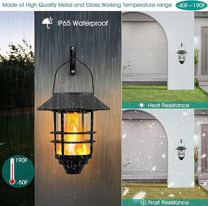 Solar Hanging Lantern Outdoor, Flickering Flames Outdoor Lights,Solar Lights Waterproof for Wall Fence Patio Porch Yard,2 Pack