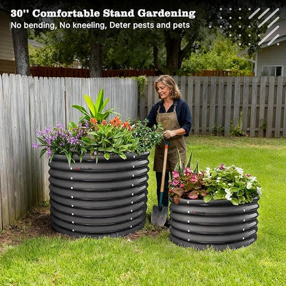 A ANLEOLIFE 6-Piece 30 Inch Extra Tall Galvanized Raised Garden Beds Kit, Large Oval & Round Metal Planters – Ideal for Backyard Vegetables Flowers Herbs, Quartz Grey