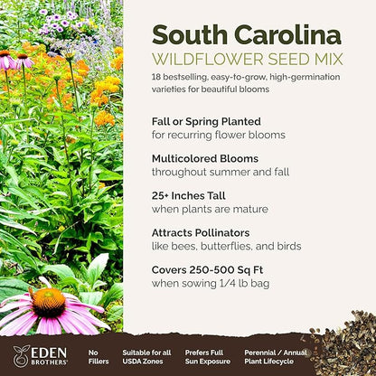 Eden Brothers South Carolina Wildflower Mixed Seeds for Planting, 1/4 lb, 120,000+ Seeds with WallFlower, Primrose | Attracts Pollinators, Plant in Spring or Fall, Zones