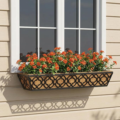Y&M 6pcs 30 Inch Window Deck with Coco Liner, Fence Metal Hanging Flower Planter Window Basket Deck Railing Planter Boxes for Outdoor Garden Lawn,