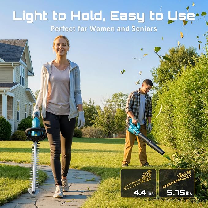 SEESII Cordless Hedge Trimmer and Leaf Blower Combo, 2 Pcs 4.0Ah Batteries, Electric Handheld Bush Trimmer with 20" Dual-Action Blade, Lightweight Brushless Blower with 2 Speed Modes for Yard Garden