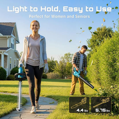 SEESII Cordless Hedge Trimmer and Leaf Blower Combo, 2 Pcs 4.0Ah Batteries, Electric Handheld Bush Trimmer with 20" Dual-Action Blade, Lightweight Brushless Blower with 2 Speed Modes for Yard Garden