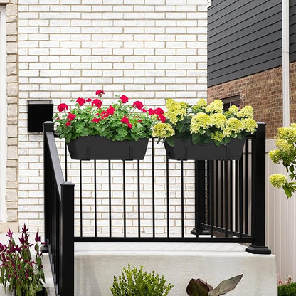 CADUKE Railing Planter Boxes 2 Pack 17 Inch Window Boxes Black Rectangle Railing Flower Box with Adjustable Bracket Window Deck Hanging Planters Boxes for Outdoor Patio