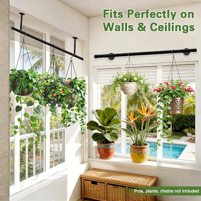 Plant Hanging Rod, 47 Inch Plant Hanger Indoor for Window Ceiling, Heavy Duty Hanging Planters for Indoor Plants, Black Wall Plants Holder, Window Plants Shelves Pot/Chain/Plant Not Included