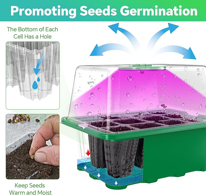 5-Pack Seed Starter Tray with Grow Light, 60 Cells Seed Starter Kit with Adjustable Brightness Timing Controller, Mini Greenhouse Germination Kit for Seeds Starting (Value Pack)