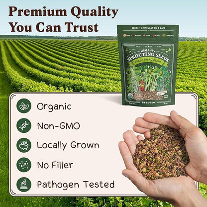 Seedboy Organic Non-GMO Sprouting Seeds, Fresh Salad Blend – USA Grown Microgreens Mix with Alfalfa, Broccoli, Radish, Mung Bean & Lentil – 8 oz Bag Makes 8 Quarts / 24 Servings (Salad Blend)