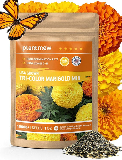 Tri-Color Marigold Seeds for Planting | 15,000+ Heirloom French Marigold Flower Seeds | Non-GMO, High Germination, USA Grown for Outdoor Gardens & Borders