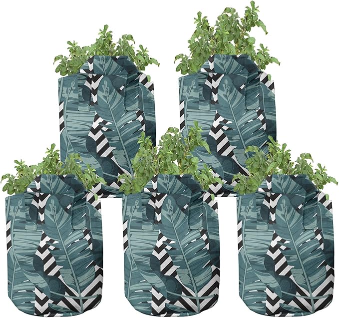 Ambesonne Tropical Grow Bags 5-Pack, Rainforest Foliage Striped, Heavyduty Fabric Pots with Handles for Plants, Teal Grey