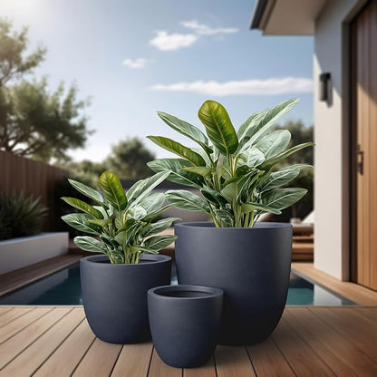 Kante Round Concrete Planter Set of 3, Large Outdoor Indoor Plant Pots with Drainage Hole, 10/14/18-Inch Diameter Flower Pots for Patio, Garden and Home, Charcoal
