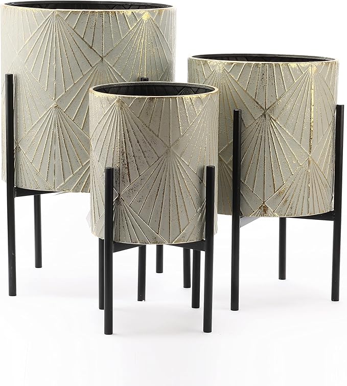LuxenHome Planters for Indoor Plants, Set of 3 Floor Plants Pots with Stands, Modern Decorative Metal Flower Pots, Green Gray Cachepot Planters,10.5", 12", 14" Inch