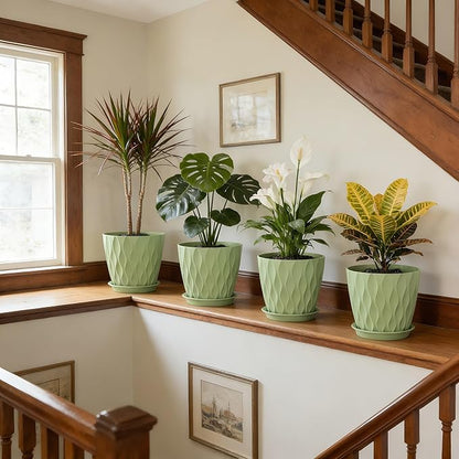 8 Inch Plant Pots, 4 Pack Plastic Planters for Indoor Outdoor with Drainage Holes & Saucers, Waffle Texture Flower Pots for Indoor Plants, Indoor Plant Pots for Monstera, Fiddle Leaf Fig, Green