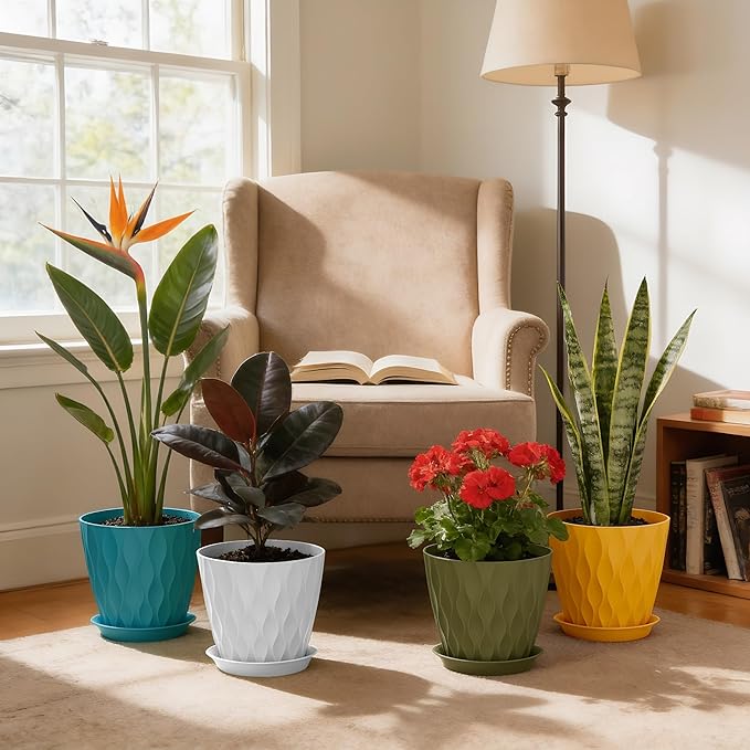 8 Inch Plant Pots, 4 Pack Plastic Planters for Indoor Outdoor with Drainage Holes & Saucers, Waffle Texture Flower Pots for Indoor Plants, Indoor Plant Pots for Monstera, Fiddle Leaf Fig Colorful