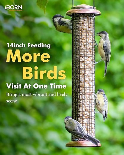 iBorn Metal Peanut Bird Feeders for Outdoors - 14" Peanut & Sunflower Seed Feeder, Hanging Metal Mesh Mixed Seed Bird Feeder with Easy-Clean Design for Woodpeckers, Jays, Titmice,Copper