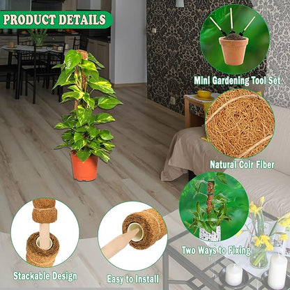 4 Pcs Moss Pole Extending to 51.1 Inches for Plants Monstera, Coco Coir Moss Sticks for Indoor Plants Support Stakes for Climbing Plants Grow Upward with Jute Rope, Tool Set and Hook-Loop Strip