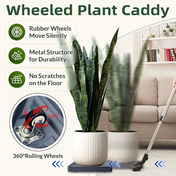 2PCS Square Plant Caddy with Hidden Wheels, Heavy Duty Rolling Plant Stand Caddy with Wheels, Pot Base for Indoor Outdoor, Gray, 13 inches