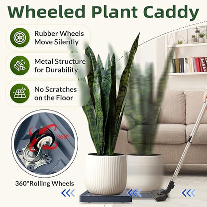 2PCS Square Plant Caddy with Hidden Wheels, Heavy Duty Rolling Plant Stand Caddy with Wheels, Pot Base for Indoor Outdoor, Gray, 14 inches