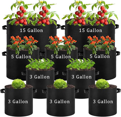 10 Pack Plant Grow Bags 15 Gallon 5 Gallon 3 Gallon Heavy Duty 300g Thickened Nonwoven Aeration Fabric Pots with Handles for Garden Indoor & Outdoor Planting, Moisture Retaining
