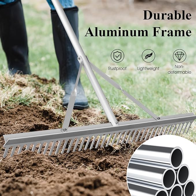 IRONMAX Landscape Rake, 36’’W Aluminum Garden Leaf Rake with 68’’ Long Handle & 36 Tines, Lightweight Yard Landscaping Rake for Loosening Soil, Lawn Care, Lake and Beach Care