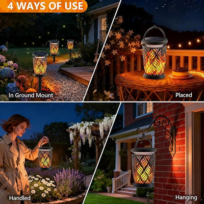 Solar Lanterns Outdoor Waterproof ,2 Pack Flickering Solar Flame Lights Upgraded Hanging Flame Lantern Pathway Torch Light Table Lamp, Auto On/ Off Porch Yard Gifts (1 Lighting Mode)