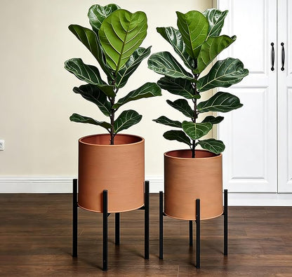 ARNIS Modern Plant Pots, Set of 2 Large Planters with Stand, Decorative Planters, Metal Pots with Drainage Holes for Living Room, Office, Garden or Balcony, 8.25 &10.5 Inch, Terracotta