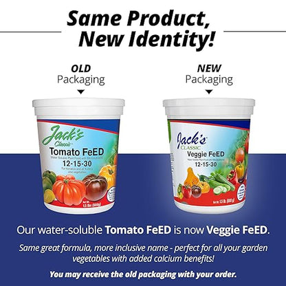 Jack's Classic 12-15-30 Veggie Feed Water-Soluble Fertilizer with Micronutrients, 1.5lbs, 4 Pack - Plant Growth and Abundant Fruit Set in Blooming Vegetable Plants