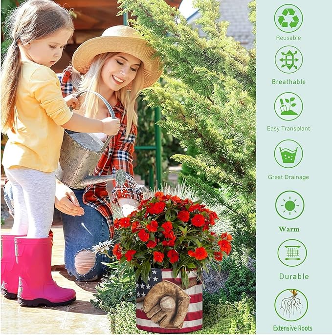 3 Gallon Vintage Baseball Bat Glove American Flag Breathable Grow Bags Heavy Duty Planter Pot Containers with Handles for Potato Tomato Fruits Flowers Vegetables