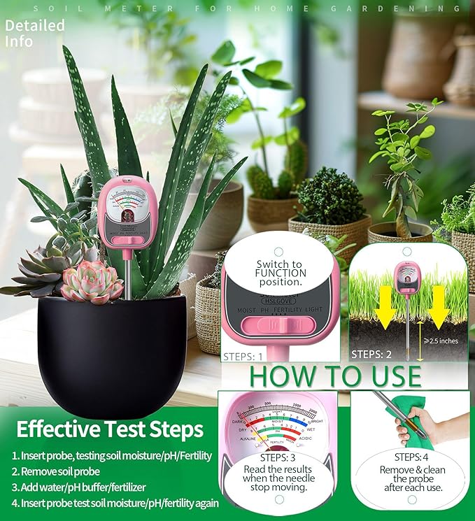 HSLGOVE 4-in-1 Moisture Meter for Plants，Soil Test Kit – Soil Moisture Meter, pH, Fertility & Sun-Light, Large Dial Soil Tester for Indoor & Outdoor Gardening, Lawn, Farm –Baby Pink
