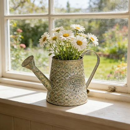 Vintage Green Metal Flower & Garden Watering Can, Rustic Farmhouse Decorative Watering Pot Planter for Home Patio Backyard Outdoor Plant Care