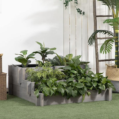 Outsunny 3-Tier Raised Garden Bed with 5 Compartments and Bed Liner, Fir Wood Elevated Planter Box, for Vegetables, Herbs, Outdoor Plants, 37 x 37 x 14in, Gray