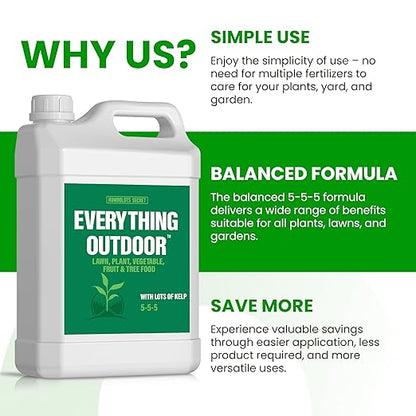 Humboldts Secret Everything Outdoor Plant Food | 5-5-5 Liquid Fertilizer with Norwegian Kelp | All Purpose Lawn, Vegetable & Fruit Food | Garden Nutrients | Refillable Hose End Bottle | 2.5 Gallon