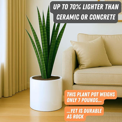 Fox & Fern Large 12 Inch Planter - Lightweight Fiberstone Glossy White Plant Pot - Drainage Plug - Large Indoor & Outdoor Floor Planter - 12 Inch Pots for Plants - Weather Resistant & UV Resistant