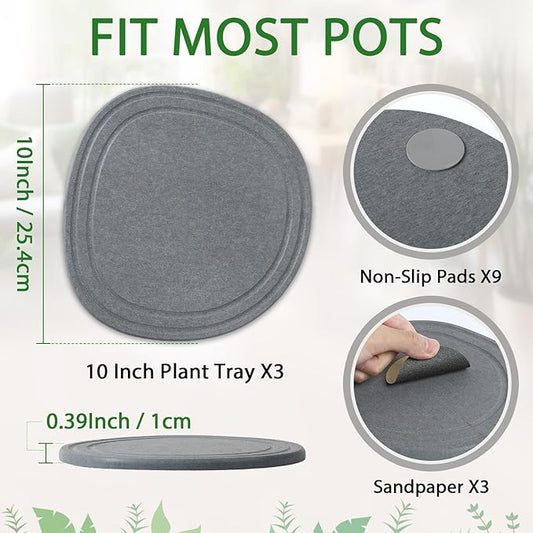 Plant Saucers for Indoors, 3 Pack 10" Quick Dry Diatomite Plant Drip Water Catcher Trays for Pots, Diatomaceous Earth Planter Drainage Saucers Plates to Catch Water for Flower, Stone Gray